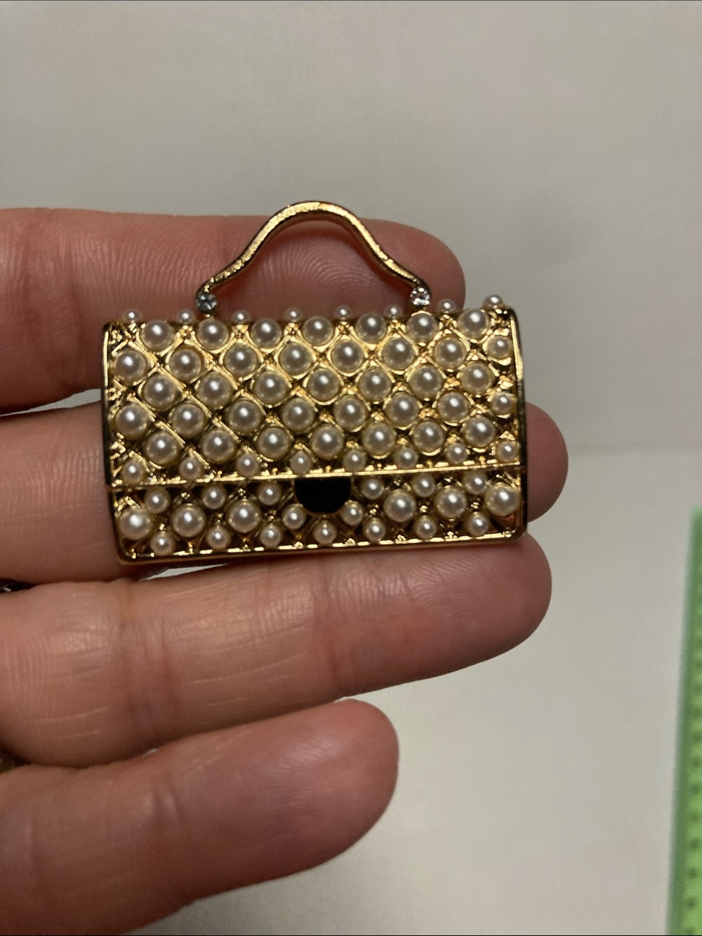 Gold-Tone Faux Pearl-Embellished Mini Purse Brooch